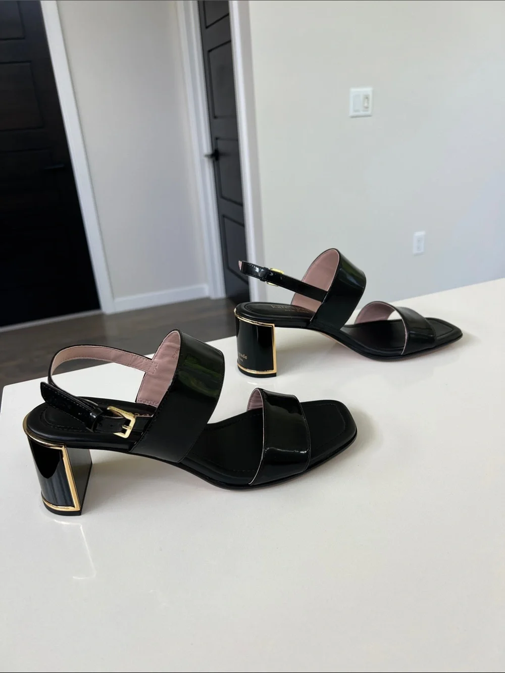 Kate Spade merritt black patent leather open toe heel sandals gold tone hardware